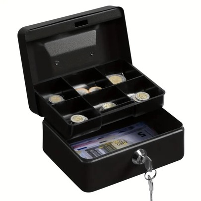 صندوق نقدي معدني مضغوط بقفل كلمة مرور، صندوق أمان بصينية للعملات، سطح أسود لامع، مناسب للتجار والاستخدام الشخصي ومكتب المنزل والتخزين الآمن
