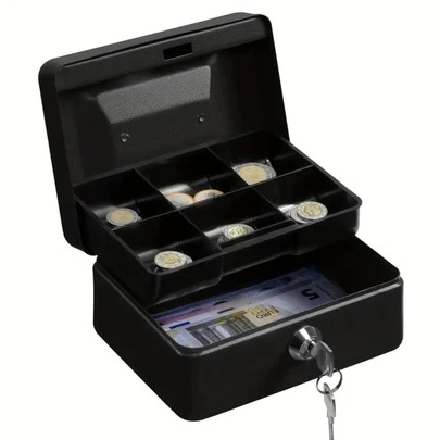 1 pieza Caja de caudales compacta de metal con cerradura con contraseña, caja de con bandeja para monedas, superficie brillante negra, adecuada para minoristas, uso personal, oficina en casa y almacenamiento