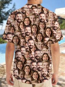 1pc Customizable Men's Hawaiian Shirt, Brazil Collar Button-Up Shirt, Personalized Short Sleeve Shirt With Funny Face Print, Personalized Photo Gift For Boyfriend, Husband, Family, Friends, Birthday Gift, Father's Day Gift, Vacation Core - Multicolor - View 2