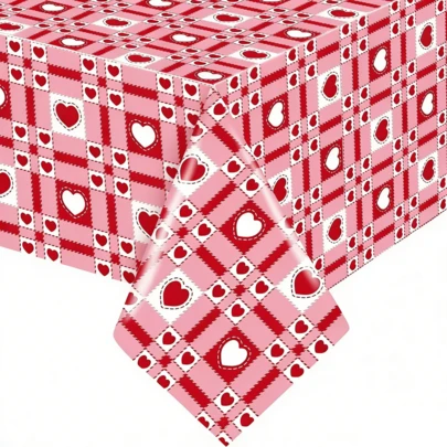 1pc Disposable Pink Heart Pattern With Stripes Tablecloth, Pink PE Plastic Table Cover For Seat Tables Indoor Outdoor Party Decorations And Photo Background Men Woman