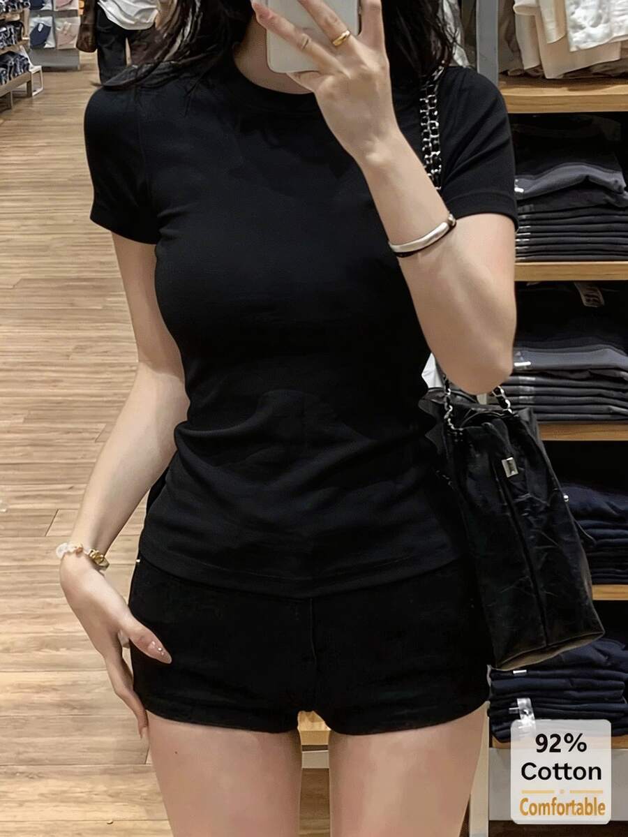 纯色短袖T恤,百搭休闲修身女式打底衫,黑色,夏季款 - 黑色 - 查看 1