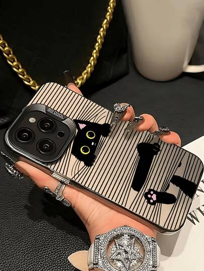 1pc New Arrival Hot-Selling Colorful Silver IMD Suitable For IPhone 17 Pro Max/17 Pro/17/16 Pro Max/16 Pro/16 Elegant Black Cat Line Pattern Shockproof Phone Case For IPhone 15 Pro Max/15/14 Pro/11/13 Pro/15 Pro/15/13 Pro Max, Suitable As New Year, Ramadan, Birthday Gift For Girlfriend, Boyfriend Or Self-Use