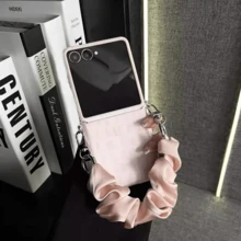 Luxury Simple Classics Crocodile Pattern Pink Phone Case With Wrinkled Silk Scarf Hand Strap Compatible With Samsung Galaxy ZFlip7 Z Flip6 ZFlip 5 Zflip6 Zflip5 Shockproof Back Cover - Pink - View 2