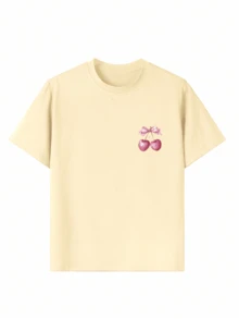 Tween Girl Creative Bow & Cherry Print T-Shirt, Soft & Comfortable Fabric, Suitable For Girls' Outdoor Sports, Daily Wear, Street & Campus Style, Fashionable Spring/Summer Casual Versatile Top - Apricot - View 9