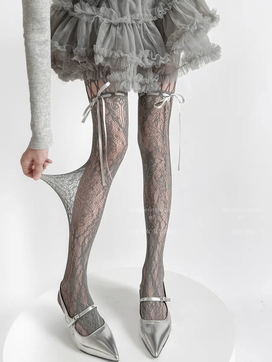 1双黑色/白色/咖啡色/灰色/紫色系带镂空蝴蝶结渔网袜，千禧风格，适合春夏穿着 - 彩色 - 查看 1