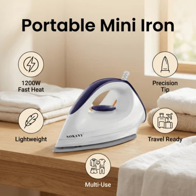  SOKANY SK-119 家用电熨斗，手持式蒸汽熨斗，迷你便携，适合学生和旅行者使用，陶瓷底板设计，适用于多种面料，恒温熨烫，不伤衣物，温度可调，过热安全保护