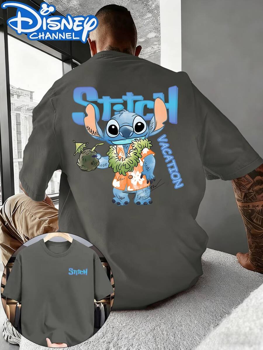 Oversized Cotton T-Shirt With A Lilo & Stitch Vacation Design. Suitable For Both Men And Women, Perfect For The Beach And Disneyland. - 灰色 - 查看 1