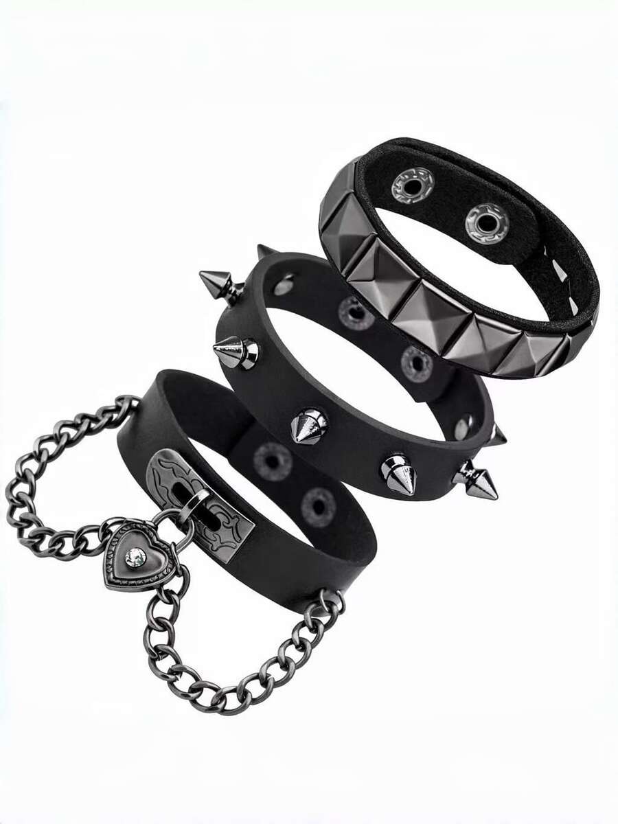 Set Of 3 Punk Rock Leather Bracelets In Black With Gunmetal Studs And Chain – Unisex Gothic Street Style - Màu Đen Súng - Xem 1