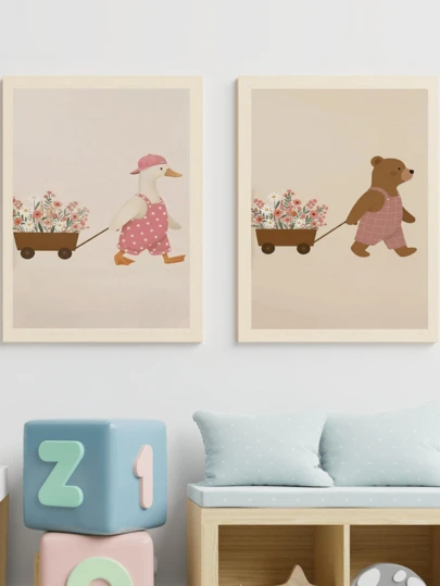1pc, Canvas Waterproof Poster, Framed Children's Room Wall Art, Whimsical Bear Pulling Flower Cart Wall Decoration, Vintage Bear Theme Kids' Room Decorative Painting, Pink Baby Girl Room Wall Art, Silly Goose Wall Painting, Adorable Animal Artwork, Playful Children's Room Decor, Perfect Gift For New Parents, Cute Wall Art, Ideal For Kids' Room Decor, Playroom Decor, Boys' Bedroom, Girls' Bedroom, Birthday Gifts, Baby Gifts, Nursery Decor, Kindergarten Decor