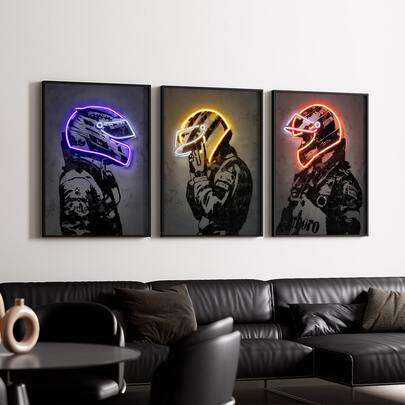 3Pcs/Set Unframed Modern Neon Racing Helmet Canvas Posters, Pop Wall Art, Game Room Decor, Artwork Wall Painting For Gift, Wall Picture For Living Room, Hallway, Bedroom, Dining Room, Dorm, Home And Dormitory Decoration