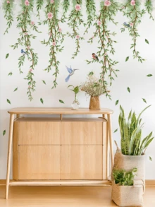 2片绿色植物藤蔓蜻蜓墙贴，装饰性自粘壁画，适用于客厅、玄关、卧室，可移除，适合房间、卧室、书房、阳台、花园装饰 - 小鳥藤蔓 - 查看 5