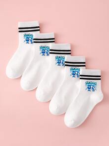 5双装儿童双条纹校园袜，字母67装饰，运动中筒袜，休闲百搭，适合日常穿着、节日礼物、返校季、新学期 - 彩色 - 查看 3