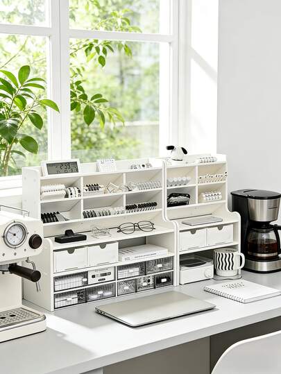 Multi-Layer Aesthetic Desktop Storage Rack With Drawers, Minimalist Desktop Bookshelf Suitable For Office Desk, Dorm And Home, Stationery And Cosmetics Storage, Modern White Desktop Organizer