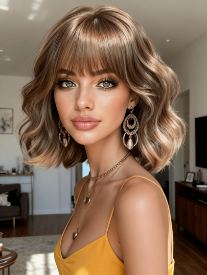 10英寸波浪刘海假发 - 渐变棕色合成发，适合日常、派对和约会，外观自然，女士假发