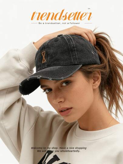 1pc Vintage Washed Baseball Cap, Distressed Frayed Brim & Embroidery, Adjustable Metal Buckle Strap, Script Letter Back Detail, Unisex Fit, Ideal For Year-Round Streetwear, Casual Outings & Daily Fashion
