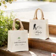 Customized Personalized Wedding Woven Tote Bag - Can Customize Name And Date, Palm Tree Pattern Design, Natural Canvas And Palm Woven Handles - Suitable For Beach Wedding, Garden Wedding, Bridal Party Or Honeymoon Gift, Customized Fashionable Unique Personalized Wedding Palm Woven Tote Bag - Name And Date, Palm Tree Pattern, Beach Style - Bridal Party And Honeymoon Gift - Multicolor - View 4