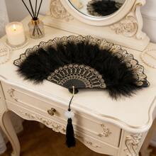 复古黑白羽毛手扇，饰以金色蕾丝花边和珍珠流苏——优雅哥特洛丽塔维多利亚风格扇子，适用于婚礼新娘、角色扮演、万圣节服装、拍照道具、茶会装饰 - A - 查看 12