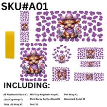 【7件套UV DTF贴纸套装+1个工具】 - 高地牛图案，包含16盎司杯套x1、A6笔记本贴纸x1、迷你杯钥匙扣贴纸x1、瓶贴x1、笔套x1、书签x1、杯盖贴纸x1以及工具x1 - 易于粘贴，经久耐用，套装，组合装，复活节/母亲节/父亲节礼物之选 - Highland Cow design - 查看 14