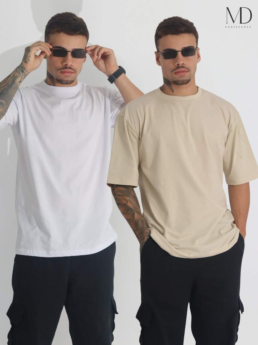 Kit 2 Men's Oversized T-Shirt Streetwear Plain Cotton Basic Collar - Nude/White - View 1