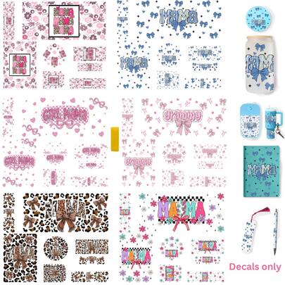 UV DTF Sticker Set - 7 Sizes For Creative Decor + 1 Tool Including: 16OZ Cup Wrap *1, A6 Notebook Decal *1, Spray Bottle Decal *1, Pen Wrap *1, Bookmark Decal *1, Lid Decal *1, Mini Cup Keychain Decal *1, And Tool *1.Mother's Day Design- Creative, Handmade Style For Easter, Mother's Day, Birthday, And More.