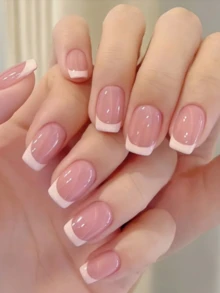 24pcs Short Square French Manicure Nail Stickers, Nude, Pink, White Design, Full Coverage Adhesive Nail Wraps, Reusable, Includes 1 Tape And 1 Nail File, Manicure Set - Pink - View 1