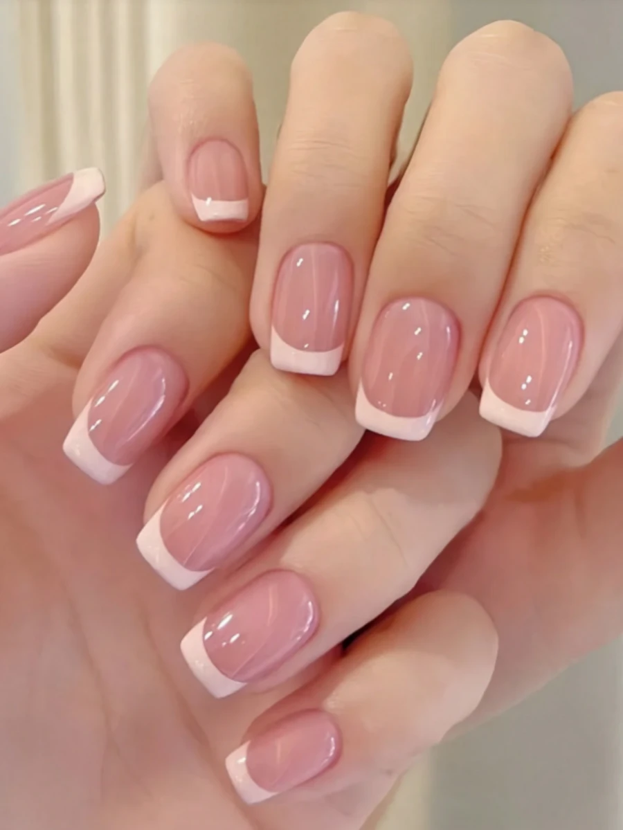 24pcs Short Square French Manicure Nail Stickers, Nude, Pink, White Design, Full Coverage Adhesive Nail Wraps, Reusable, Includes 1 Tape And 1 Nail File, Manicure Set - Pink - View 1