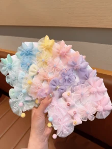 8个布艺亮片花朵发夹，时尚春季刘海夹，带珍珠和网纱蝴蝶结 - 彩色 - 查看 1