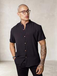 Men's Short-Sleeve Shirt With Mandarin Collar, Premium Quality, Lightweight And Cool Fabric, Easy To Iron, Perfect For Work And Parties, Summer And New Year's Eve - 黑色 - 查看 7