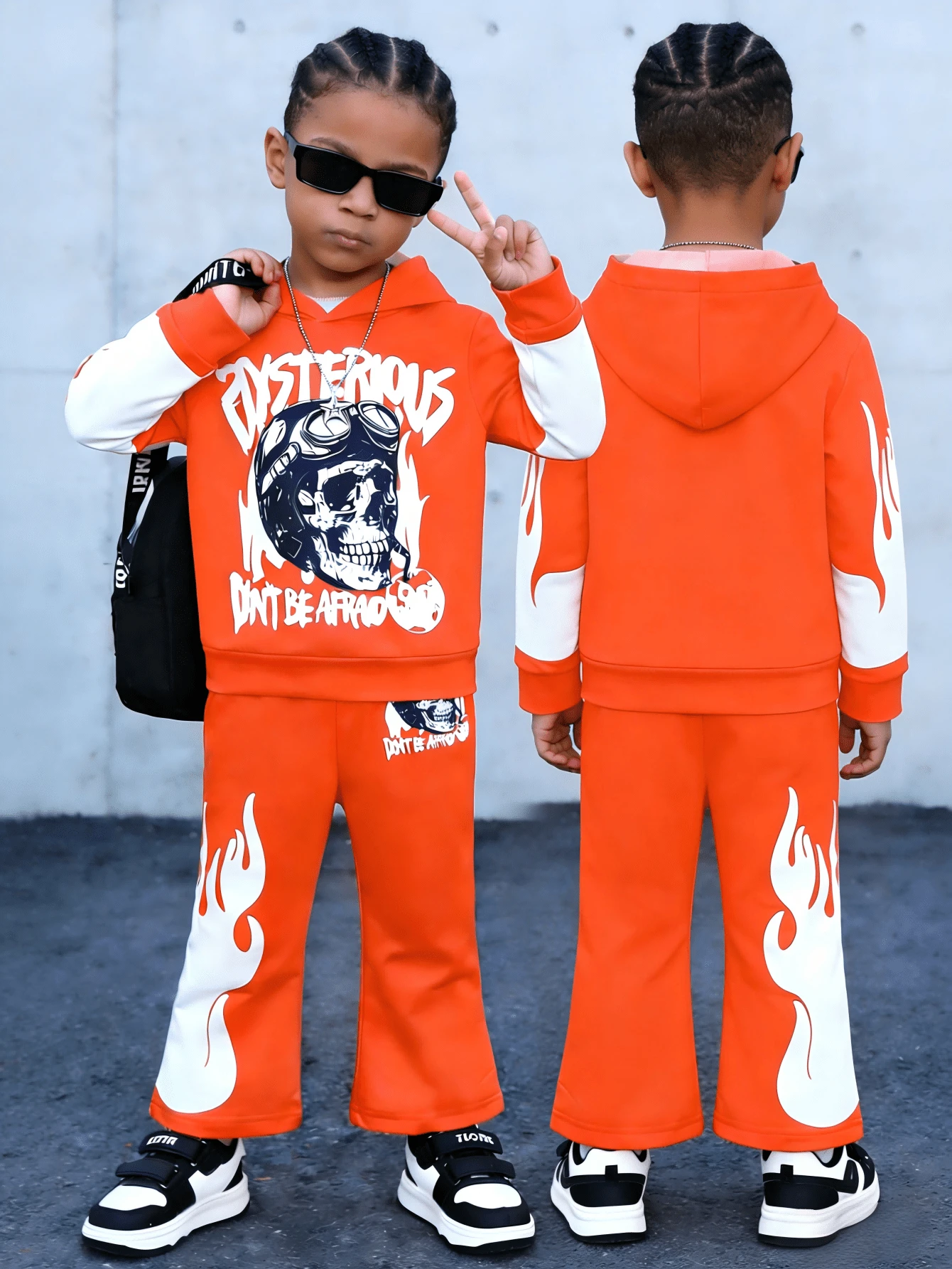 2pcs/Set Young Boy Lightweight Casual Orange Letter & Skull Print Hoodie Long Sleeve Top With Black Skull Print Long Pants Set, Spring/Autumn - Orange - View 1