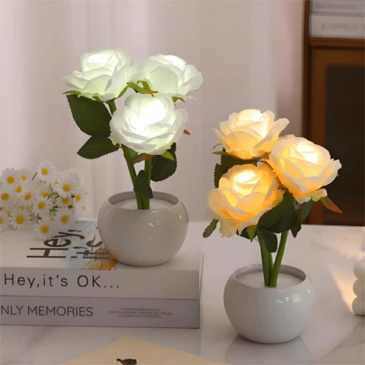 1 st nattlampa med rosblomma, skrivbords- och sminkdekor, födelsedags- och bröllopspresent (USB-driven), keramisk bas