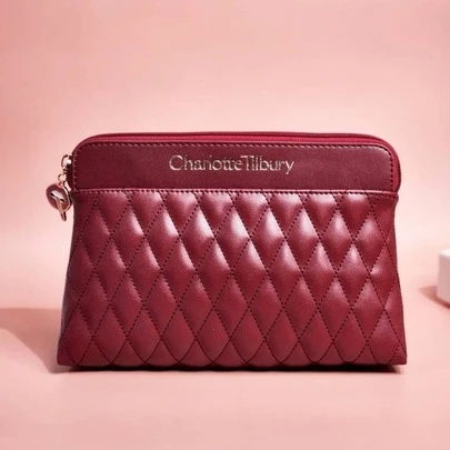 Charlotte Tilbury Burgundy Quilted Makeup Bag, Velvet Texture Cosmetic Pouch With Gold Zipper Pull - Unlock Luxurious Experience