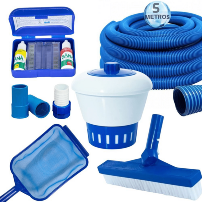 Kit Limpeza para Piscina Escova Peneira Clorador Estojo de Teste Ph 5 metros Mangueira Adaptadores