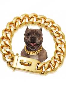 Stainless Steel Dog Collar With Buckle Lock, Gold Cuban Chain Training Collar, Pet Metal Necklace - Gold - View 1