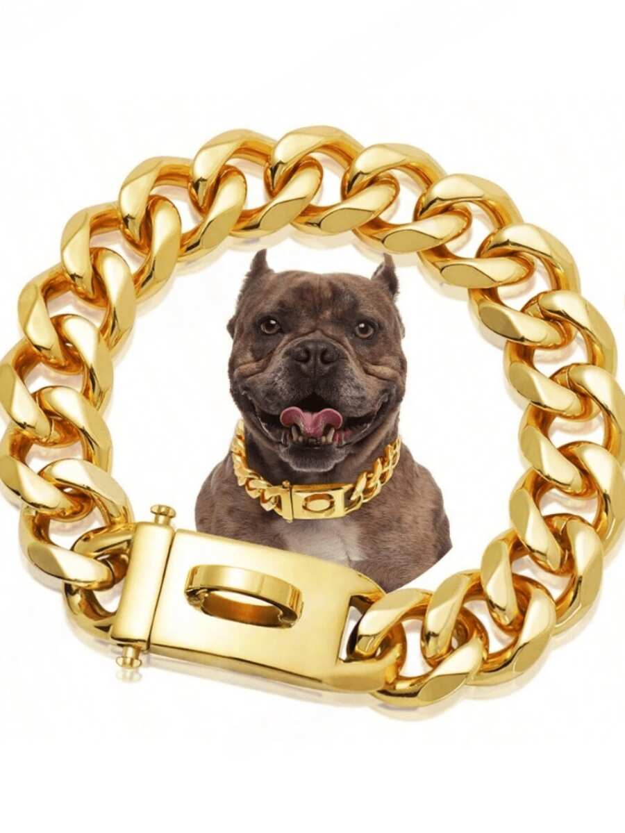 Stainless Steel Dog Collar With Buckle Lock, Gold Cuban Chain Training Collar, Pet Metal Necklace - Gold - View 1