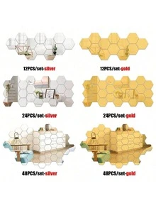 12片/套银色亚克力镜面墙贴，六边形镜面，DIY可移除3D几何六边形镜面艺术套装，卧室、客厅、办公室、厨房墙面装饰，经典风格，简约家居装饰，现代贴纸，礼品，客厅装饰，卧室改造，厨房创意，浴室装饰，房间墙面镜 - 1mm - 查看 4