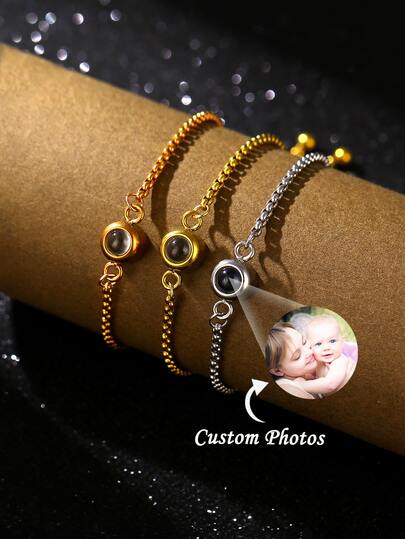 Custom Photo Projection Beaded Chain Bracelet | Adjustable Slider & Multi-Tone (Gold/Silver/Rose Gold) Options | Fashionable, Simple, Casual, Custom, Personalized & Unique Jewelry | Ideal Gift For Mom, Couples, Family & Friends | Perfect For Valentine's Day, Birthday & Anniversary