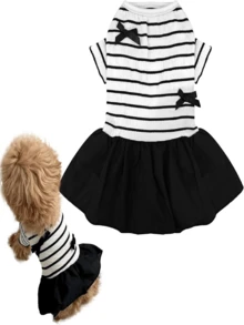 Lightweight Breathable Striped Dog Dress, Casual Pet Clothes For Small Dogs, Spring/Summer - Black and White - View 1