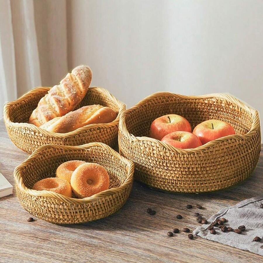 1 chiếc khay tròn viền lượn sóng bằng mây, giỏ đựng rau củ quả nhà bếp, đồ dùng đan lát thủ công. - màu nâu - Xem 1