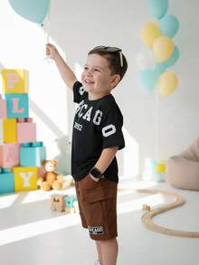 Chicago Stylish Boys' Outfit Set - T-Shirt + Shorts - Assorted Colors | Sizes 2 To 14 Years - Kvani Joy - 棕色和黑色 - 查看 4