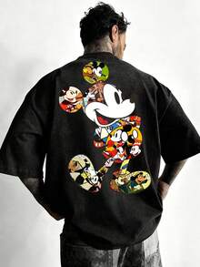 Disney-Licensed Printed Washed T-Shirt, Featuring A Vintage And Ultra-Cool Mickey Mouse Print, Perfect For Family Vacations And Travel. This 2026 New Arrival Is Unisex, Crafted From High-Quality Pure Cotton, And Suitable For All Seasons. Its Comfortable And Breathable Design, Coupled With Its Exquisite Artwork, Makes It An Excellent Gift - 黑色 - 查看 2