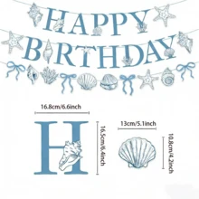1 Set/2 Sets/3 Sets/5 Sets Blue Bow, Starfish, Shell Happy Birthday Banner Decorations, Suitable For Ocean Beach Theme Birthday Party, Mermaid Summer Holiday Decor - Blue - View 2