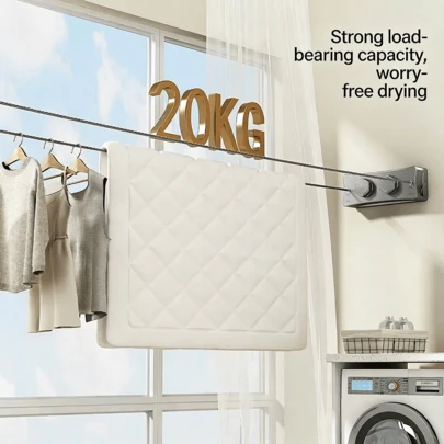 חבל כביסה נשלף, חבל ייבוש שאינו נפול לשימוש פנימי וחיצוני, חבל ייבוש כביסה נשלף ועמיד, עשוי נירוסטה לתלייה על הקיר