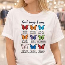 Camiseta de algodón para mujer con estampado de mariposa: "Dios dice que estoy amada, sanada, fuerte, especial, alegre, vencedora, esperanzadora, completa, perdonada". Ideal para uso diario o como camiseta conmemorativa para amigos o seres queridos. También adecuada como suéter. Entrega rápida. - Blanco - Ver 6