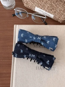 Women's Fashion Denim Blue Bow Hair Clip, Banana Clip For Bun, Ponytail, Versatile Twist Clip - Multicolor - View 9