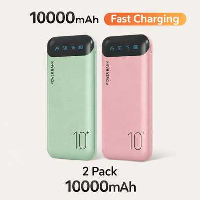 2-Pack Portable Charger 10000mAh, Slim USB C Input And Output Power Bank With LED Display Lightweight External Battery Pack Compatible For IPhone 14/13/12, Etc