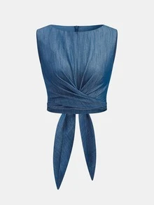 Bộ trang phục mùa hè dành cho nữ, áo vest giả denim và quần ống rộng (2 món). - Màu xanh lam - Xem 2