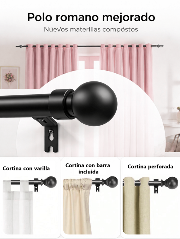 Set Completo Negro Barra de Cortina Romana, Ajustable Minimalista de Metal con Acabado de Bola Clásico y Instalación Versátil + Barra de Cortina para Dormitorio y Sala de Estar, Ideal para Decoración Funcional y Divisor de Espacios, Alta Capacidad de Carga y A Prueba de Agua y Óxido, Made Of Metal (Hierro/Acero Inoxidable), Holds hasta 3m, Space-Saving Design For Dormitorio, Cocina, Sala de Estar, Baño, Divisor de Habitaciones y Montaje en Pared o Colgante, Durable And Resistente, Barra de Cortina Ajustable