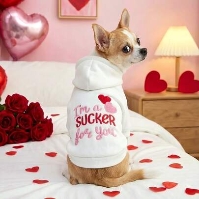 1件宠物服装，适合小型犬和幼犬的室内外服装，休闲时尚可爱舒适的字母爱心图案连帽衫 - 白色