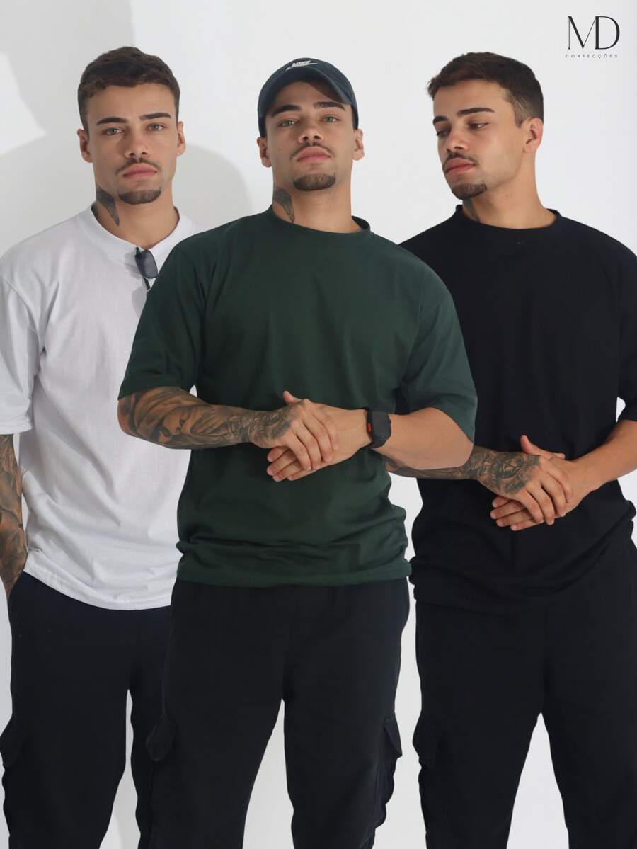 Kit 3 Men's Oversized Streetwear Plain Basic Turtleneck T-Shirts 100% Cotton - Đen/Xanh lá/Trắng - Xem 1
