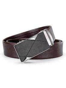 1pc Men's Automatic Buckle Black PU Leather Belt, Fashionable Casual Medium Width Belt For Daily Wear - Brown - View 2